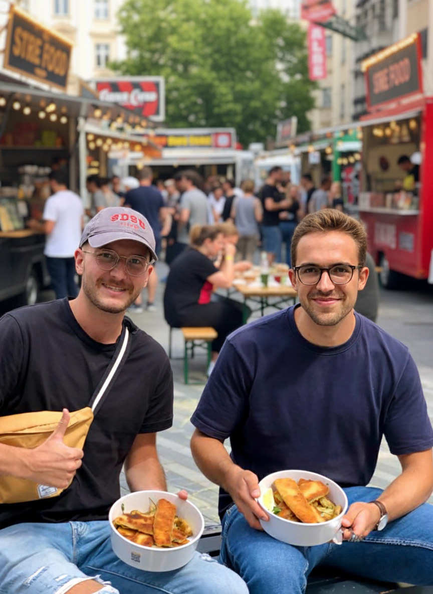 Zwei Personen sitzen lächelnd auf einem Street Food Markt und halten wiederverwendbare Essensschalen in den Händen. Im Hintergrund sind Foodtrucks und Besucher zu sehen, die eine umweltfreundliche Mehrweg Lösung für das Event nutzen.